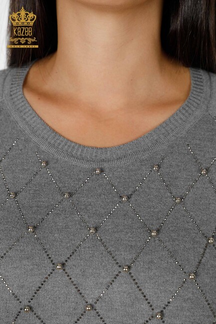 Женский трикотажный свитер с вышивкой камнями серый - 14761 | КАZЕЕ - Thumbnail