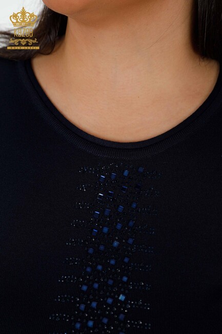 Женский трикотаж Свитер в полоску с вышивкой камнями темно-синий - 14788 | КАZЕЕ - Thumbnail