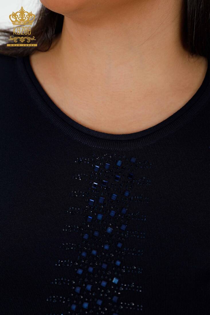 Женский трикотаж Свитер в полоску с вышивкой камнями темно-синий - 14788 | КАZЕЕ