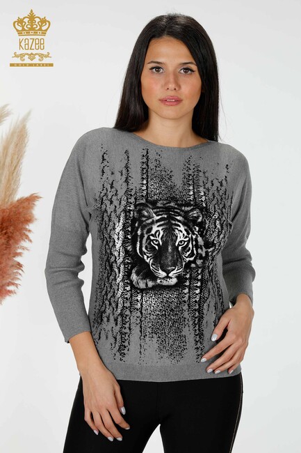 Женский трикотажный свитер с изображением тигра, серый - 15292 | КАZЕЕ - Thumbnail