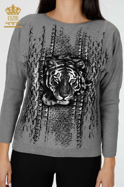 Женский трикотажный свитер с изображением тигра, серый - 15292 | КАZЕЕ - Thumbnail