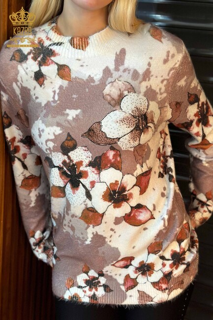 Женский вязаный свитер из норки с цветочным узором - 18923 | КАZЕЕ - Thumbnail