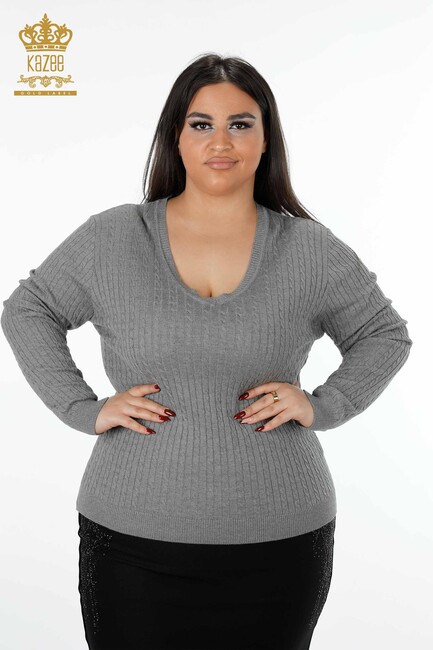 Женский трикотажный свитер с V-образным вырезом Серый - 15302 | КАZЕЕ - Thumbnail